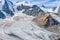 View for Morteratsch Glacier and panorama of Piz Berinia and Piz Palu in Switzerland.