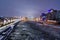 View of Moscow Kremlin and Bolshoy Kamenny Bridge from Patriarshy Bridge at night in winter. Moscow. Russia