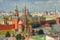 View on Moscow Red Square, Kremlin towers, Clock Kuranti, Saint Basil`s Cathedral church, Lenin mausoleum. Panorama Hotel Russia.