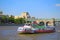 View of Moscow river, pleasure boat and Pushkinsky Bridge, Moscow, Russia