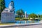 View of mosteiro dos Jeronimos through praca do imperio in Belem, Lisbon, Portugal