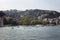 View of motorboats and yachts, buildings