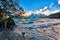 View of Mount Cuernos del Peine in the national park Torres del Paine during the bright sunrise. Chilean Patagonia in