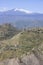 View of Mount Etna volcano from path of Saracens in mountains between Taormina and Castelmola, Sicily Italy