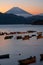 The view of Mount Fuji summit at the sunset over the Lake Ashi. Kanagawa Prefecture. Honshu. Japan