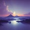 View of Mount Fuji with Suruga Bay and Numazu city at dusk, sunset, illustration