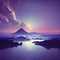 View of Mount Fuji with Suruga Bay and Numazu city at dusk, sunset, illustration