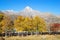 View of Mount Kazbek in the Greater Caucasus Mountains of Georgia with yellow autumn trees and hammocks near to village