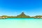View on Mount Otemanu through turquoise lagoon and overwater bun