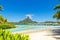 View on Mount Otemanu through turquoise lagoon  on the tropical island Bora Bora, Tahiti, French Polynesia, Pacific ocean.