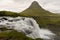 View at mount and waterfall of Kirkjufell at Grundarfjordur in Iceland