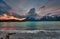 View of the mountain of Cuernos del Paine in the national park of Torres del Paine during a bright sunset. Chilean