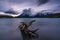 View of the mountain of Cuernos del Paine in the national park of Torres del Paine during a bright sunset. Chilean