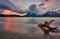 View of the mountain of Cuernos del Paine in the national park of Torres del Paine during a bright sunset. Chilean