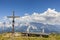 View from mountain Gasselhoehe with wooden bench to mountain Dachstein