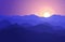 View of the mountain landscape with hills under a purple sky with sun and stars.