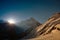 View of the mountain Machapuchare Nepal. Sunny beautiful mountain landscape at sunrise