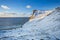 View from the mountain pass with a beautiful view of Kvalvika beach on the Lofoten Islands