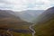 View from mountain pass on the road, the gorge and the river in