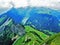 View of the mountain range Alpstein or Appenzell Alps from the peak of Hoher Kasten
