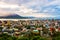 View of mountain Sakurajima an active volcano. Aerial view of Kagoshima city in Japan
