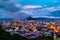 View of mountain Sakurajima an active volcano. Aerial view of Kagoshima city in Japan at sunrise