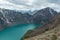 View of the mountainous landscape and scenery near Alakol lake, a popular hiking destination for tourists near Karakol, Kyrgyzstan