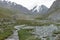 View of the mountainous landscape and scenery on a popular tourist hike near Bokonbayevo, Kyrgyzstan