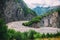 View of mountains Babadag and a muddy river Girdimanchay Lahij yolu from the side in Lahic village, Azerbaijan