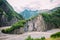 View of mountains Babadag and a muddy river Girdimanchay Lahij yolu from the side in Lahic village, Azerbaijan