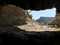 View of the mountains from the cave window. Cave city of ancient Christians Kachi Kalon