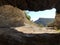 View of the mountains from the cave window. Cave city of ancient Christians Kachi Kalon