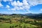 A view of the mountains, green foliage and blue sky at the natural park of Guatavita, located in the Cordillera Oriental of the