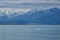 A view of mountains and icebergs in the Wrangell National Park outside of Hubbard Glacier Alaska from a cruise ship