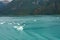 A view of mountains and icebergs in the Wrangell National Park outside of Hubbard Glacier Alaska from a cruise ship