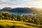 View of mountains and mountain lake during sunset in summer