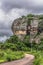 View at the mountains Pungo Andongo, Pedras Negras & x28;black stones& x29;, huge geologic rock elements, road and power lines