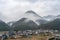 View of mountains and rural scene in foggy weather, Japanese country landscape