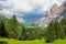 View of mountains and valley from Gardena pass, Dolomites Alps , Italy, Europe