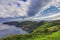 View on mountains, valleys, sea coastline of Sao Miguel island