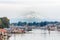 View of Mt. Hood and Portland Marina floating boat houses in Oregon