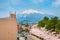 View of Mt. Iwaki with Hirosaki municipal hall in Hirosaki, Japan