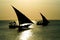 View on mystic black silhouettes of dhow sail boats in the backlight of bright sun beam during sunset over the ocean - Zanzibar