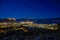 View of Nafplio town and harbour from Prophet Helias or Profitis Ilias hill at night. Argolis, Peloponnese, Greece