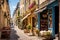 View on narrow cobbled street among traditional parisian buildings in Paris, France.