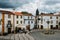 View of narrow main square consisting of limestone cozy yellow and white houses at Constancia in the Santarem District