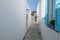 View of the narrow side street in Kastro, Folegandros Island, Greece