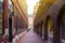 View of narrow street in Amsterdam with sunlight, brown and burgundy houses