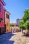 View of a narrow street in the historical part of Bulgarian city Plovdiv