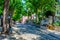 View of a narrow street in the historical part of Bulgarian city Plovdiv